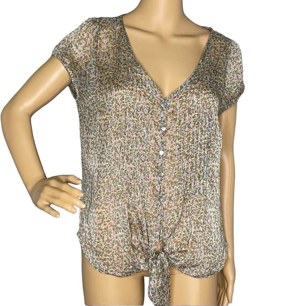 Timing Sheer Short Sleeve Blouse Green Pink Yellow Floral With Tie Front Large